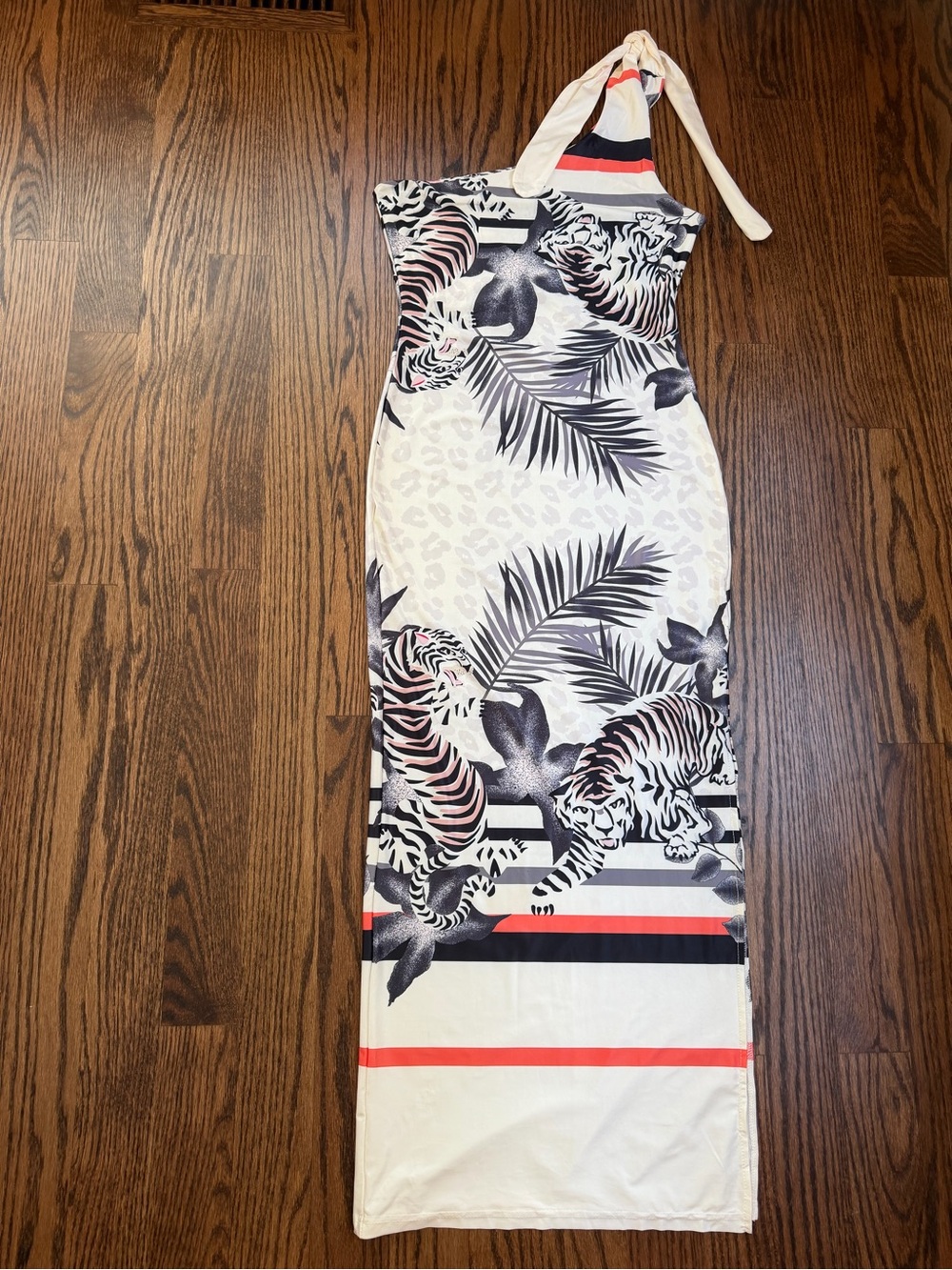 CBR White One Shoulder Maxi Dress with Black Tiger & Coral Stripe Accents